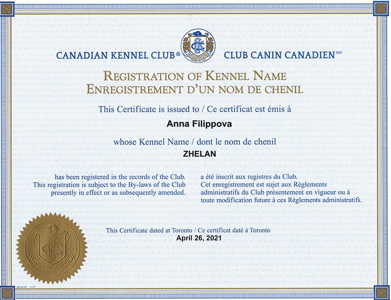 Canadian Kennel Club Certificate